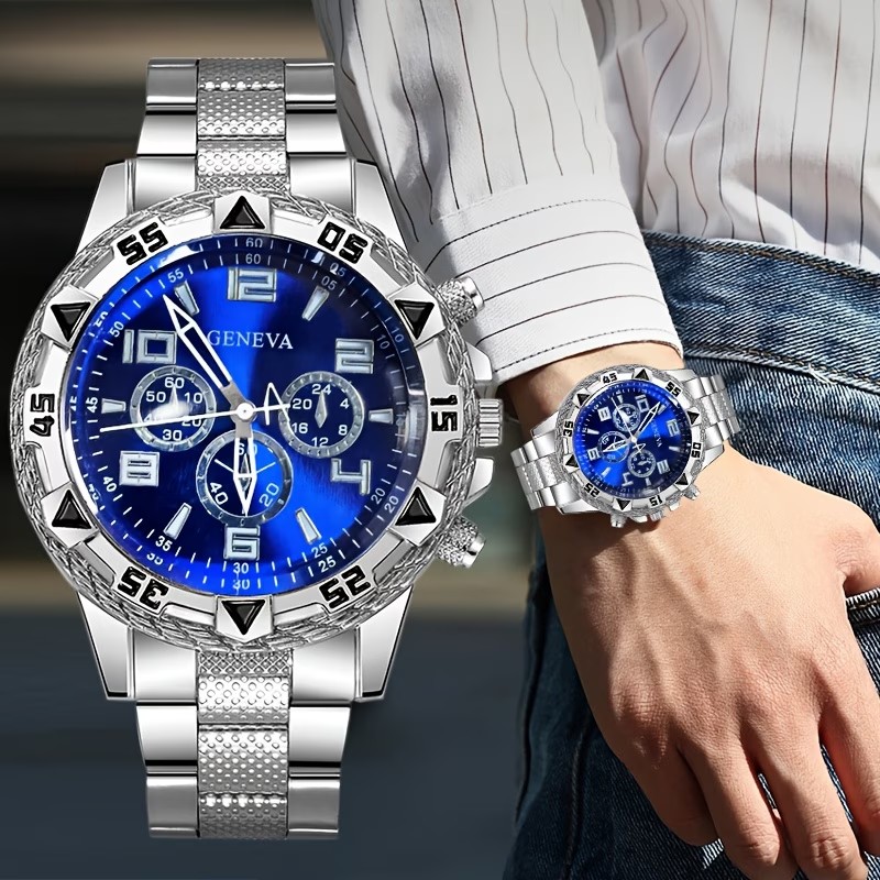 Luxury Watch Under 20000 - メンズクォーツ腕時計1個、ステンレススチール製シルバーストラップ、ブルーダイヤル、クォーツムーブメント、メンズ腕時計、ビジネスカジュアルスタイル、父やボーイフレンドへのプレゼントに最適