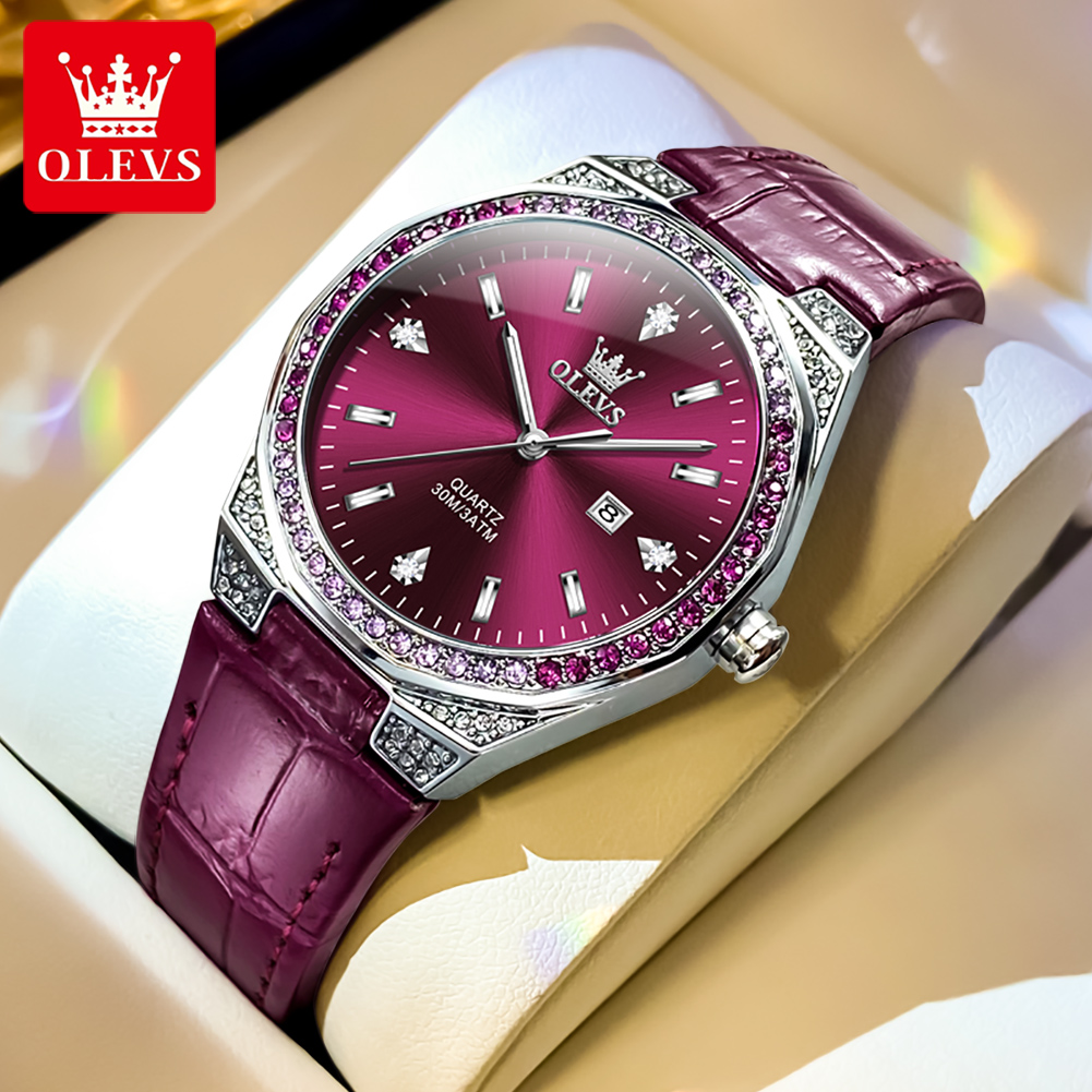Luxury Watch With Leather Strap - OLEVS オリジナルレディース腕時計ダイヤモンドラップファッションレザーストラップ 3 メートル防水発光レディース腕時計クォーツ時計女性のための