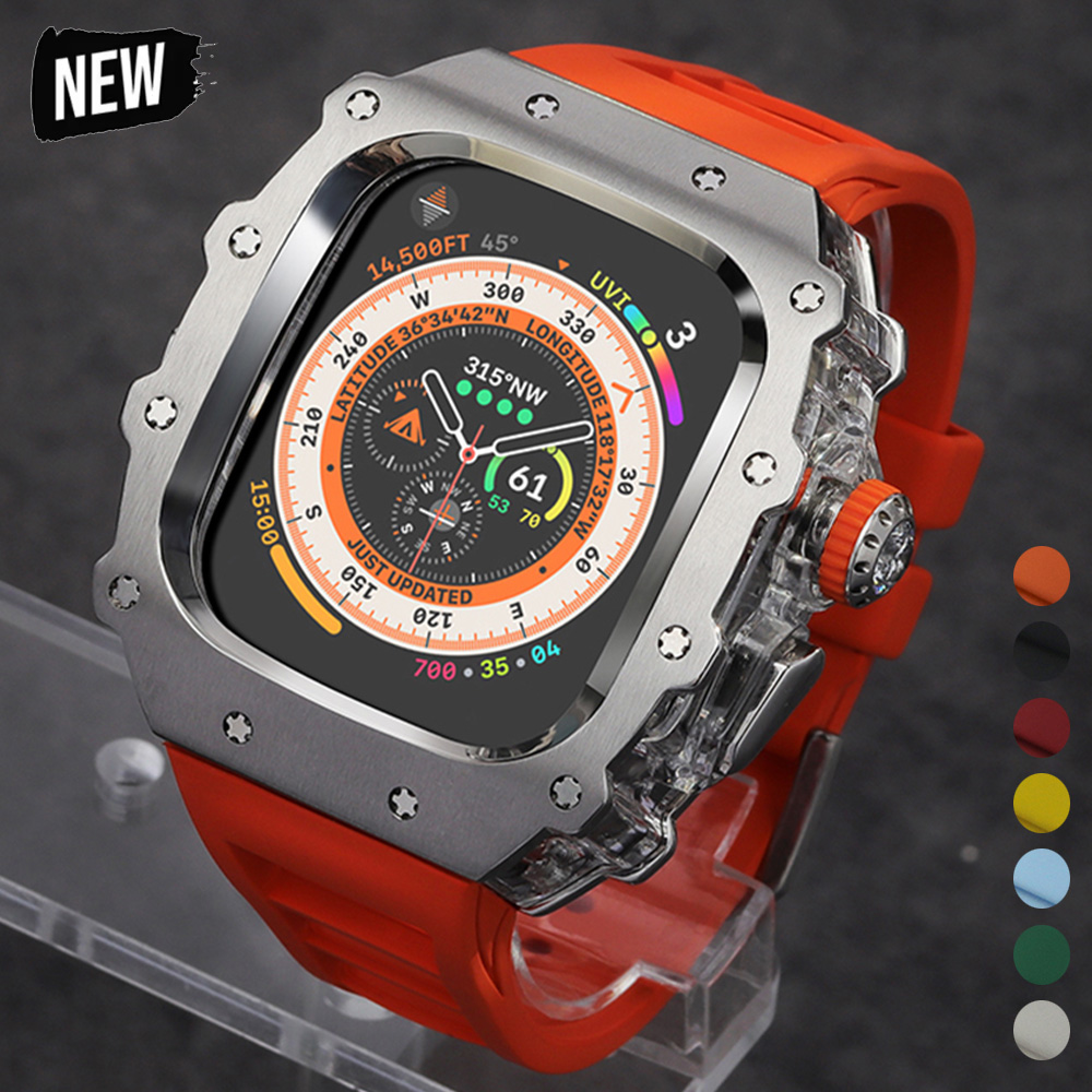 Luxury Watch Apple Bands - 高級改造キット,Apple Watch ultra 2,49mm,iwatch 9,8,7,6,45,44mm,クリスタルボタン,スポーツバンド用ステンレススチールケース