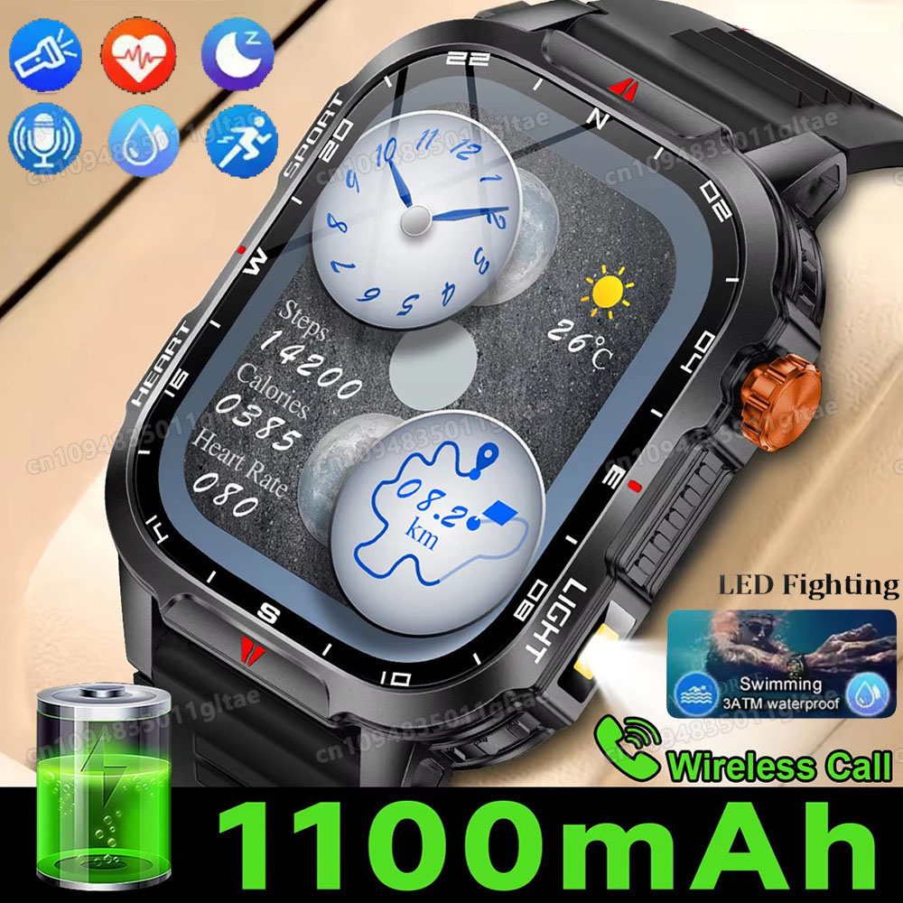 Titanium Sport Watch - 軍用アウトドアスマートウォッチ メンズ GPS追跡 フラッシュライト Bluetooth通話 2.01インチ