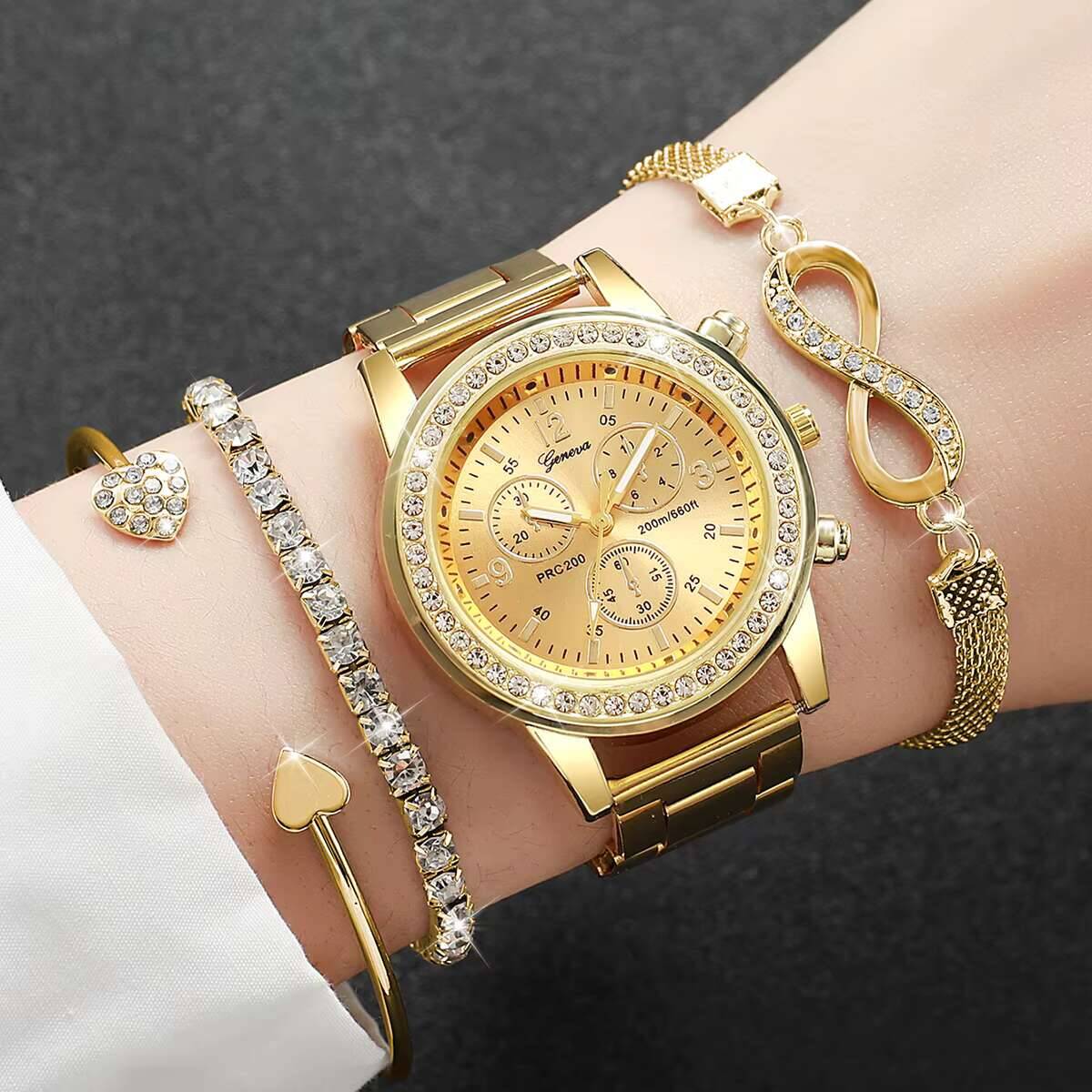 Luxury Watch Travel Case - 4 ピース/セット高級ラインストーン女性用腕時計ファッションレディースクォーツ時計ブレスレットセット Reloj Mujer（箱なし）