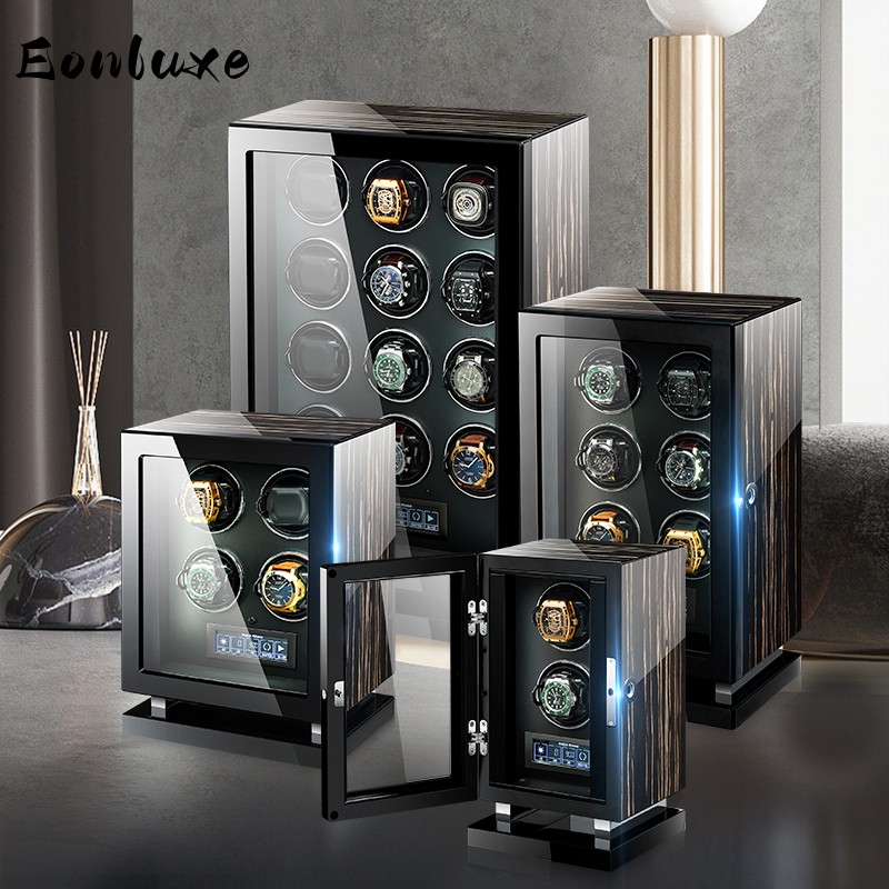 Luxury Watch Safe - Eonluxe機械式自動巻き時計ワインダー、高級指紋認証木製時計セーフ、タッチコントロールと内部バックライト付き時計ボックス