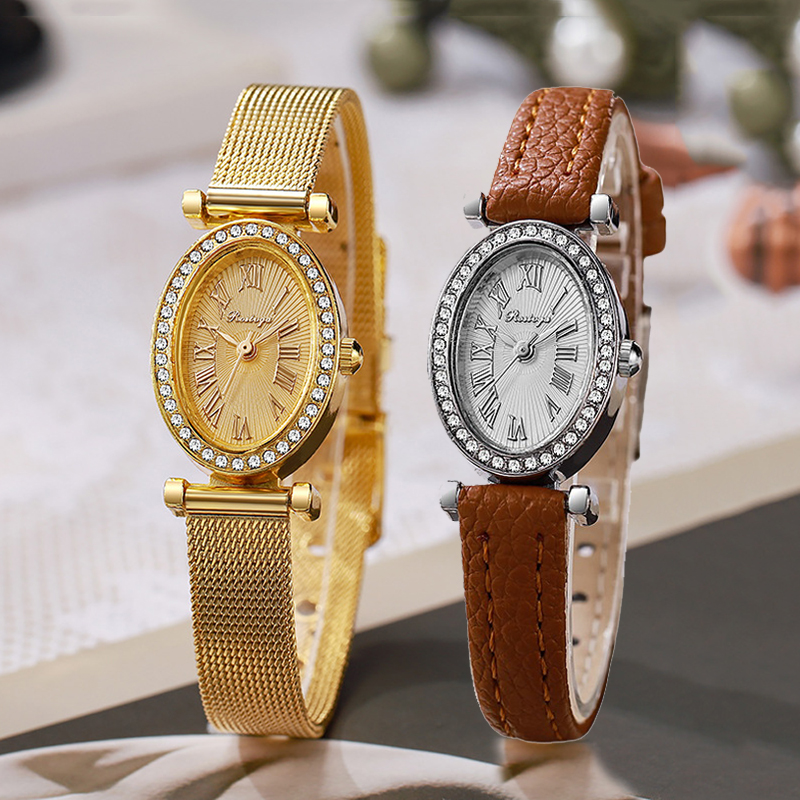 Luxury Watch With Leather Strap - ラグジュアリーウォッチ レディース ファッション オーバルダイヤモンドダイヤル クォーツ腕時計 卸売